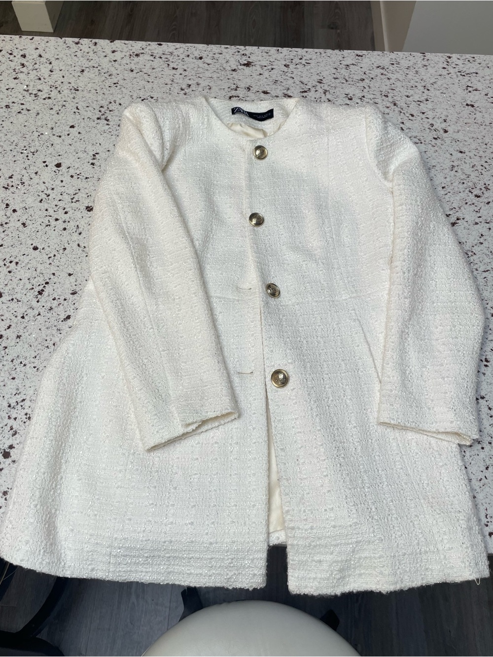 Zara Off-White Tweed Coat with Gold Buttons Women’s Size XL